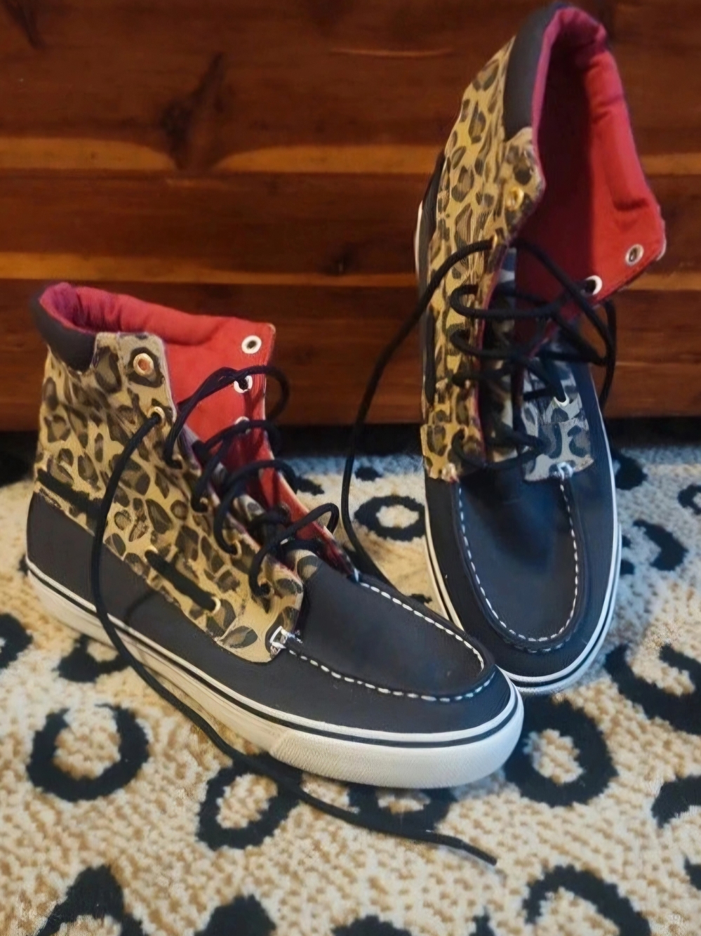 Sperry Top Sider Leopard-Print High-Top Boat Shoes in Black and Red